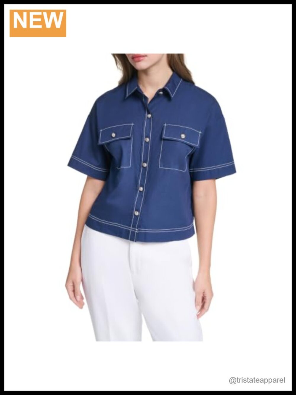 Women's Short Sleeve Poplin Button-Down Blouse Cotton Collared Shirt